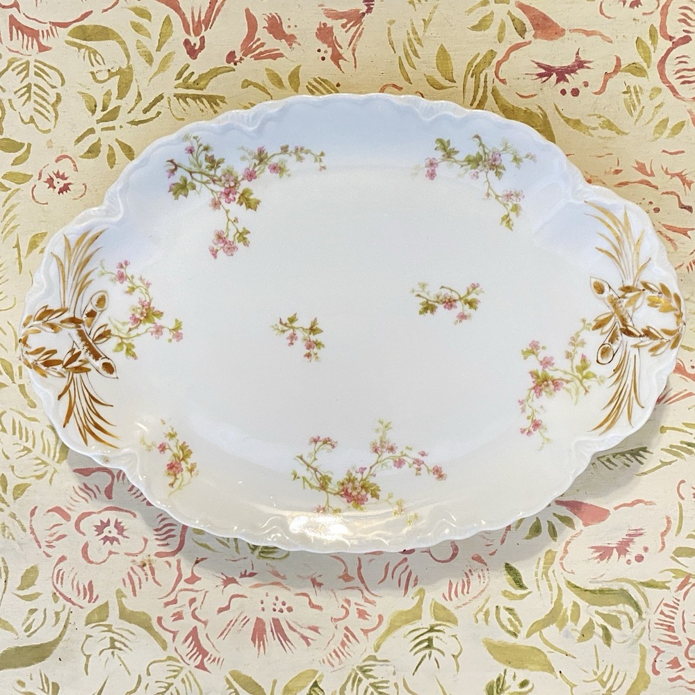 Antique Haviland Limoges Oval Serving Platter 11" Pink Floral Motif Gold Gilt